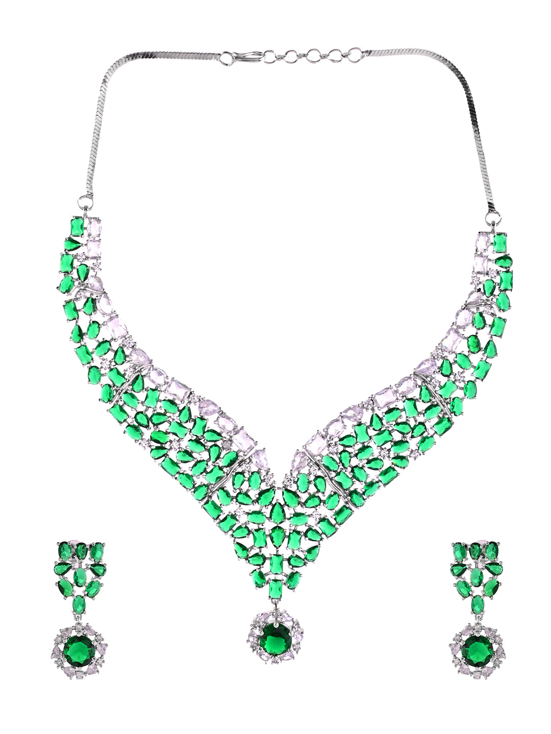 Green AD Necklace Set | Bridal CZ Necklace With Earrings | Wedding Jewellery For Women