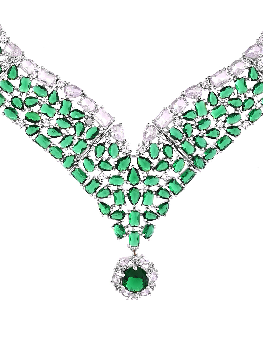 Green AD Necklace Set | Bridal CZ Necklace With Earrings | Wedding Jewellery For Women