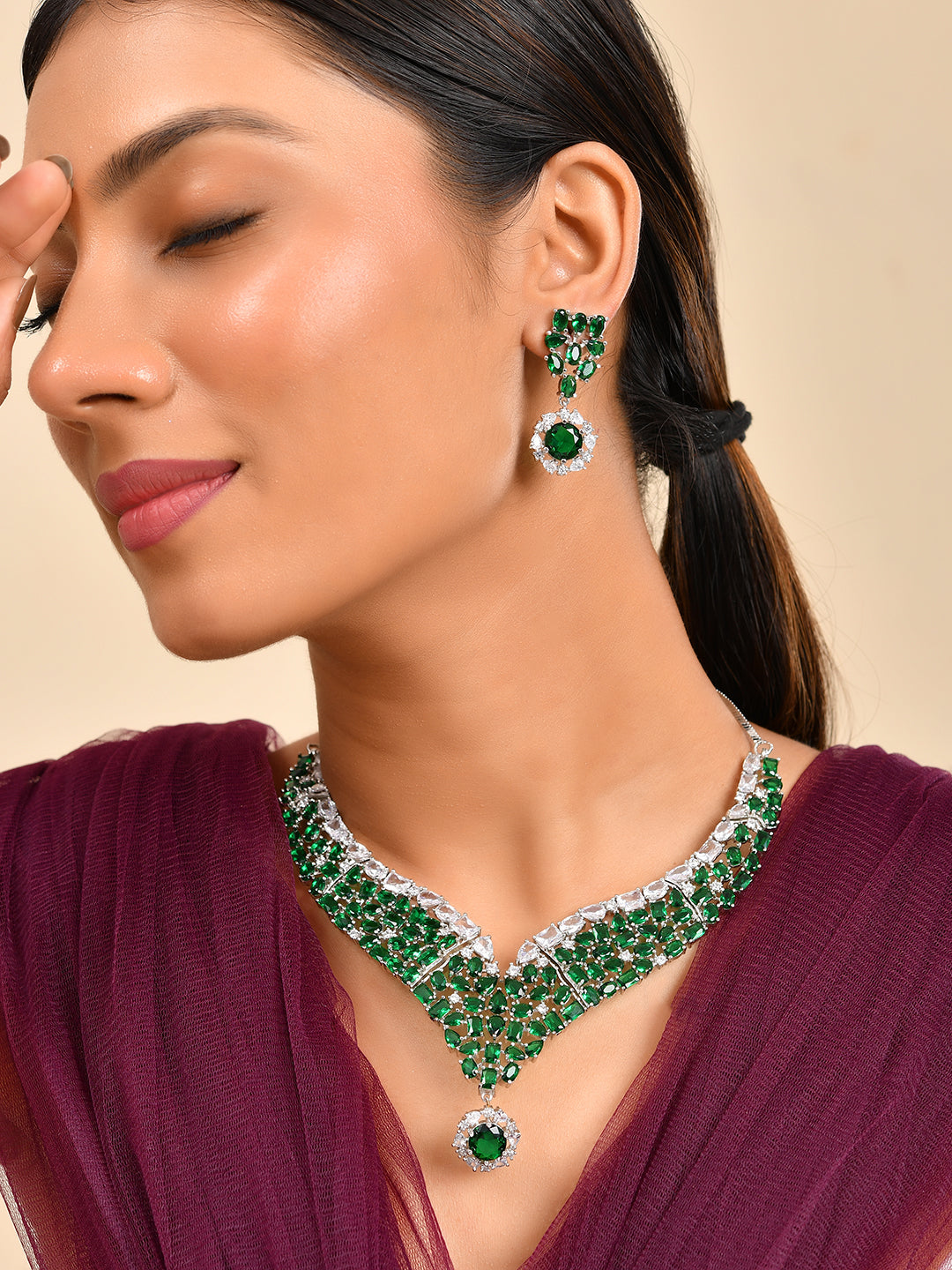 Green AD Necklace Set | Bridal CZ Necklace With Earrings | Wedding Jewellery For Women