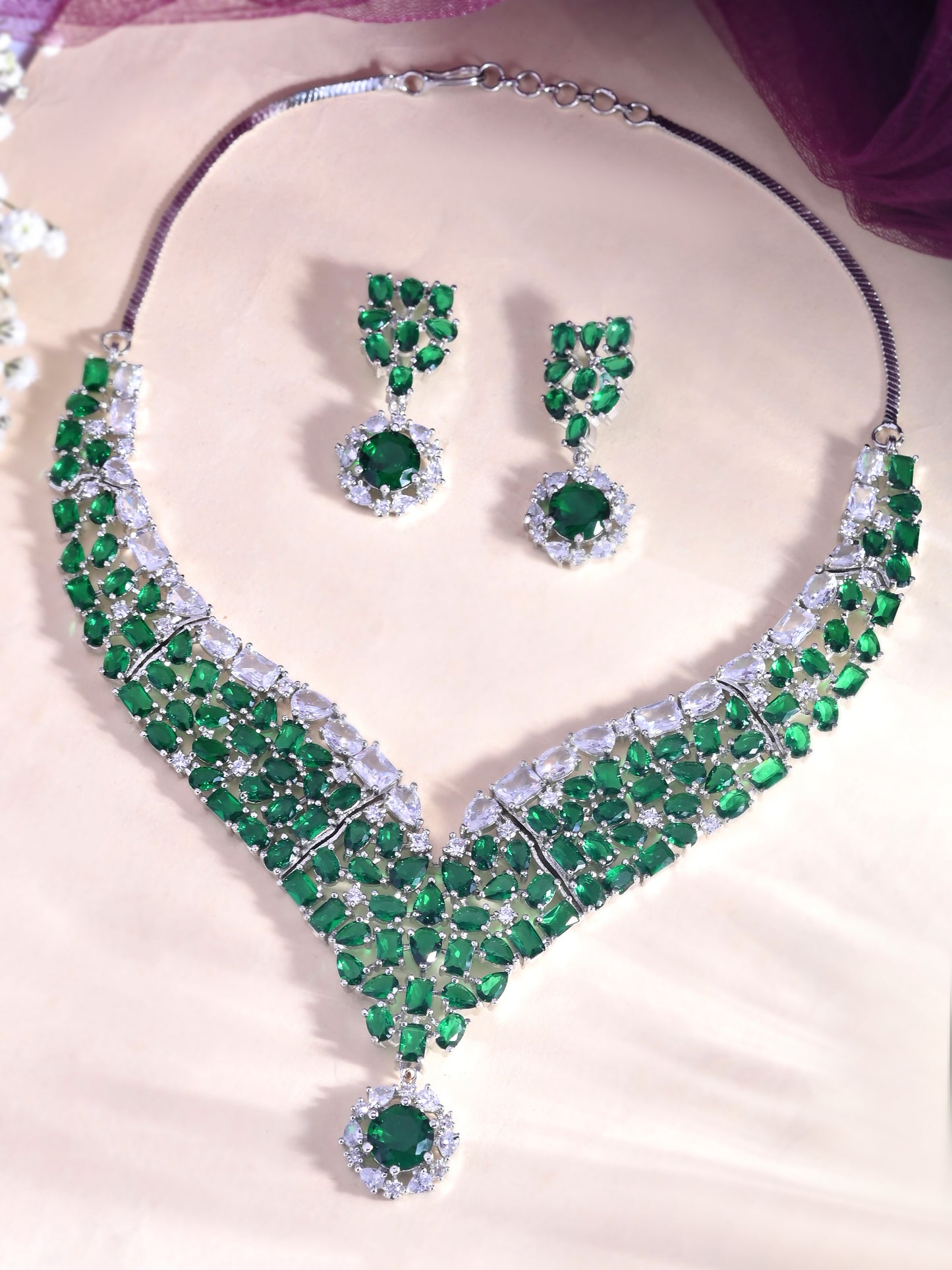 Green AD Necklace Set | Bridal CZ Necklace With Earrings | Wedding Jewellery For Women