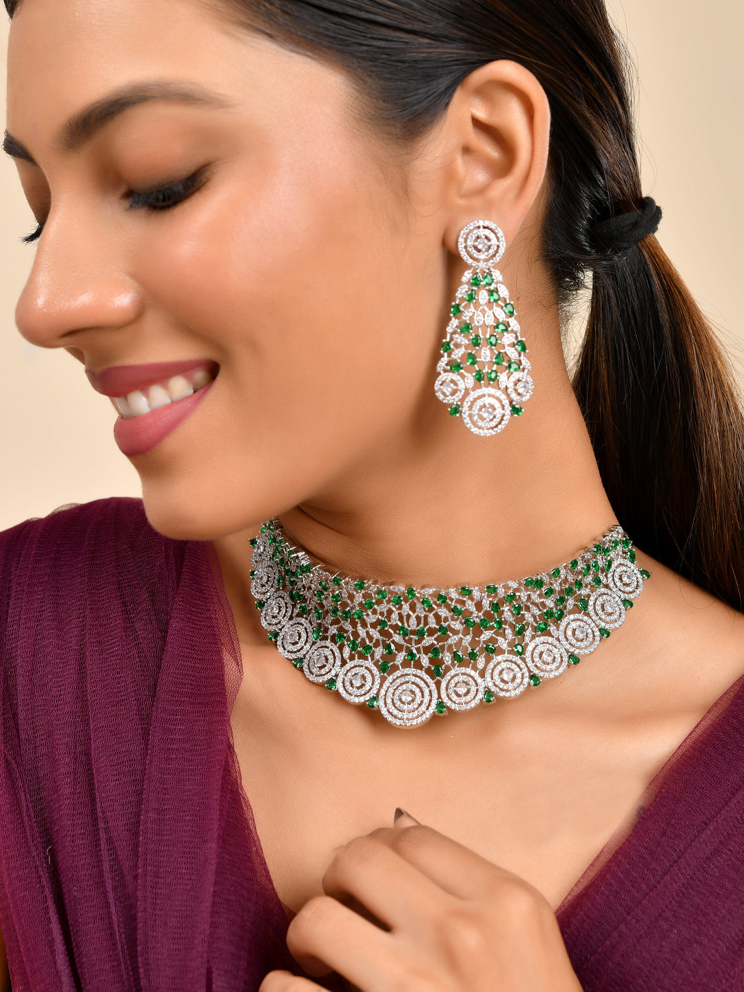 Silver AD Necklace Set | Bridal CZ Necklace With Earrings | Wedding  Jewellery For Women