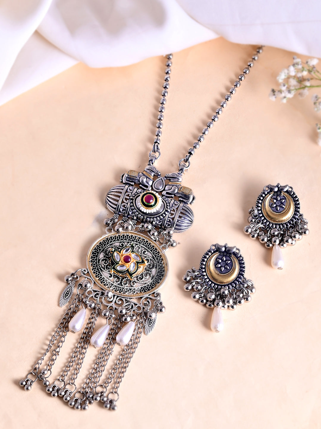 Silver Oxidised  Necklace Set With Earrings| Boho Jewellery For Ethnic & Casual Wear
