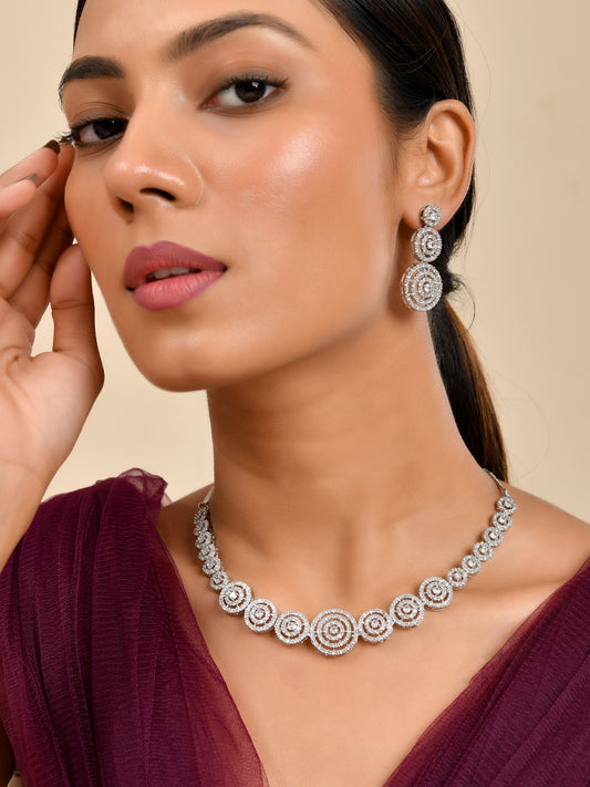 Silver American Diamond Choker Necklace Set  | Wedding  Jewellery For Women