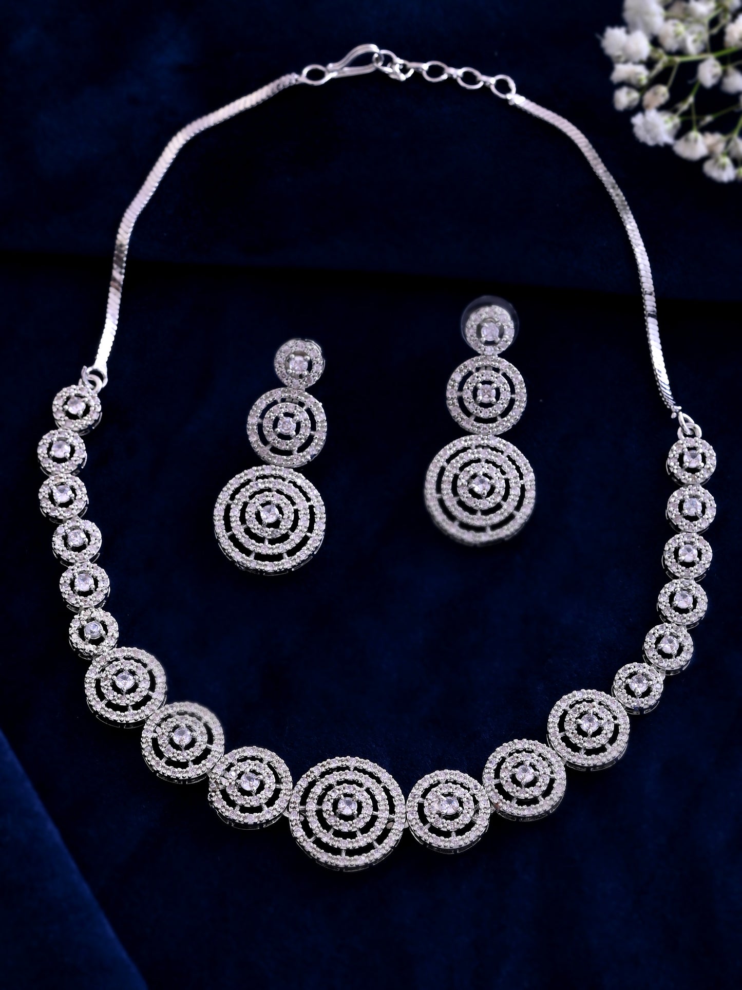 Silver American Diamond Choker Necklace Set  | Wedding  Jewellery For Women