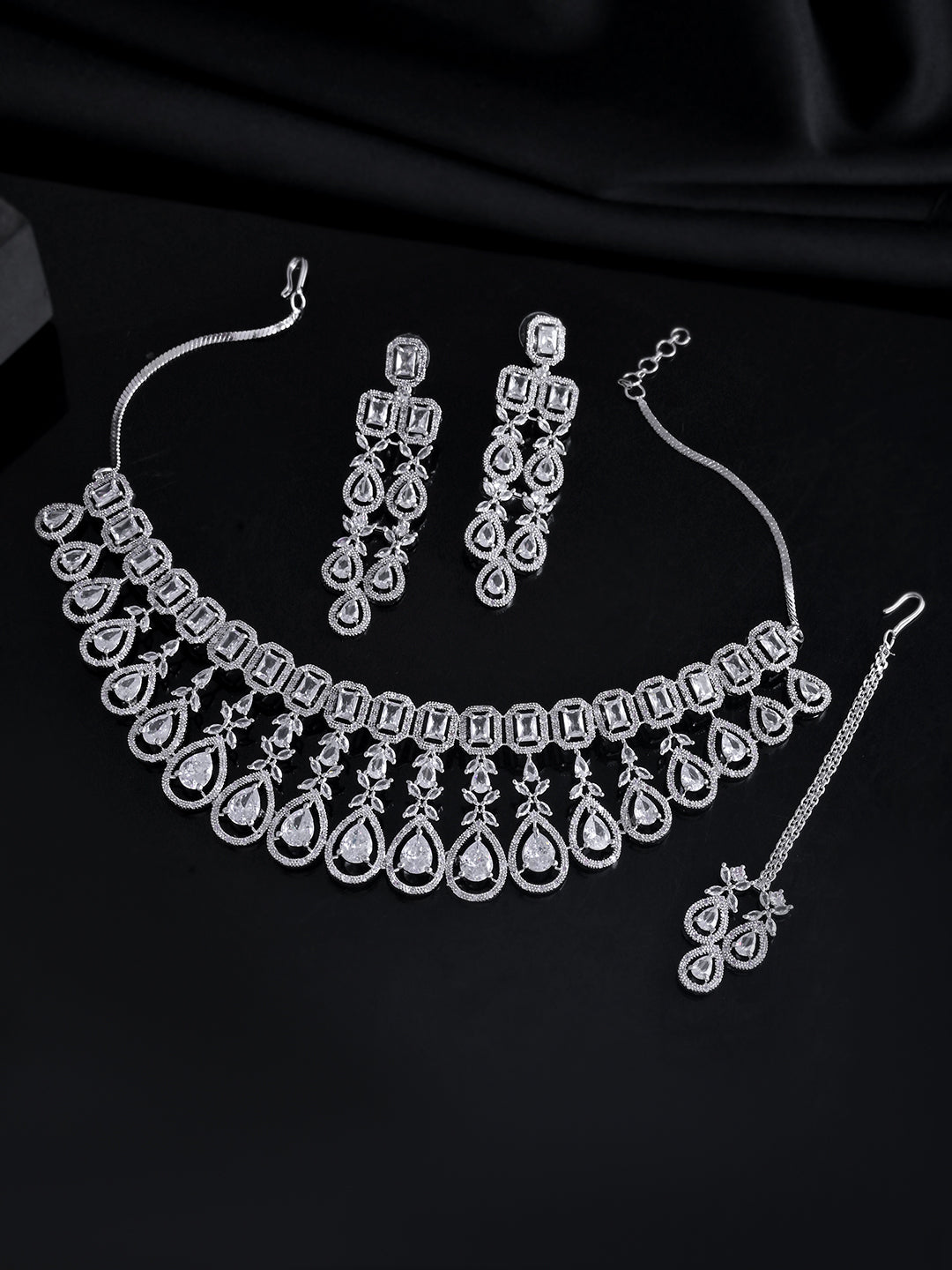American Diamond Choker Necklace Set With Maang Tikka  | Wedding  Jewellery For Women