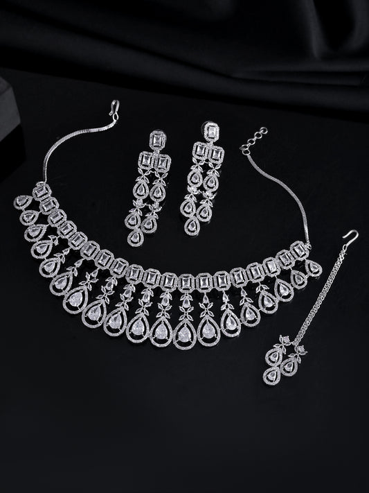 American Diamond Choker Necklace Set With Maang Tikka  | Wedding  Jewellery For Women