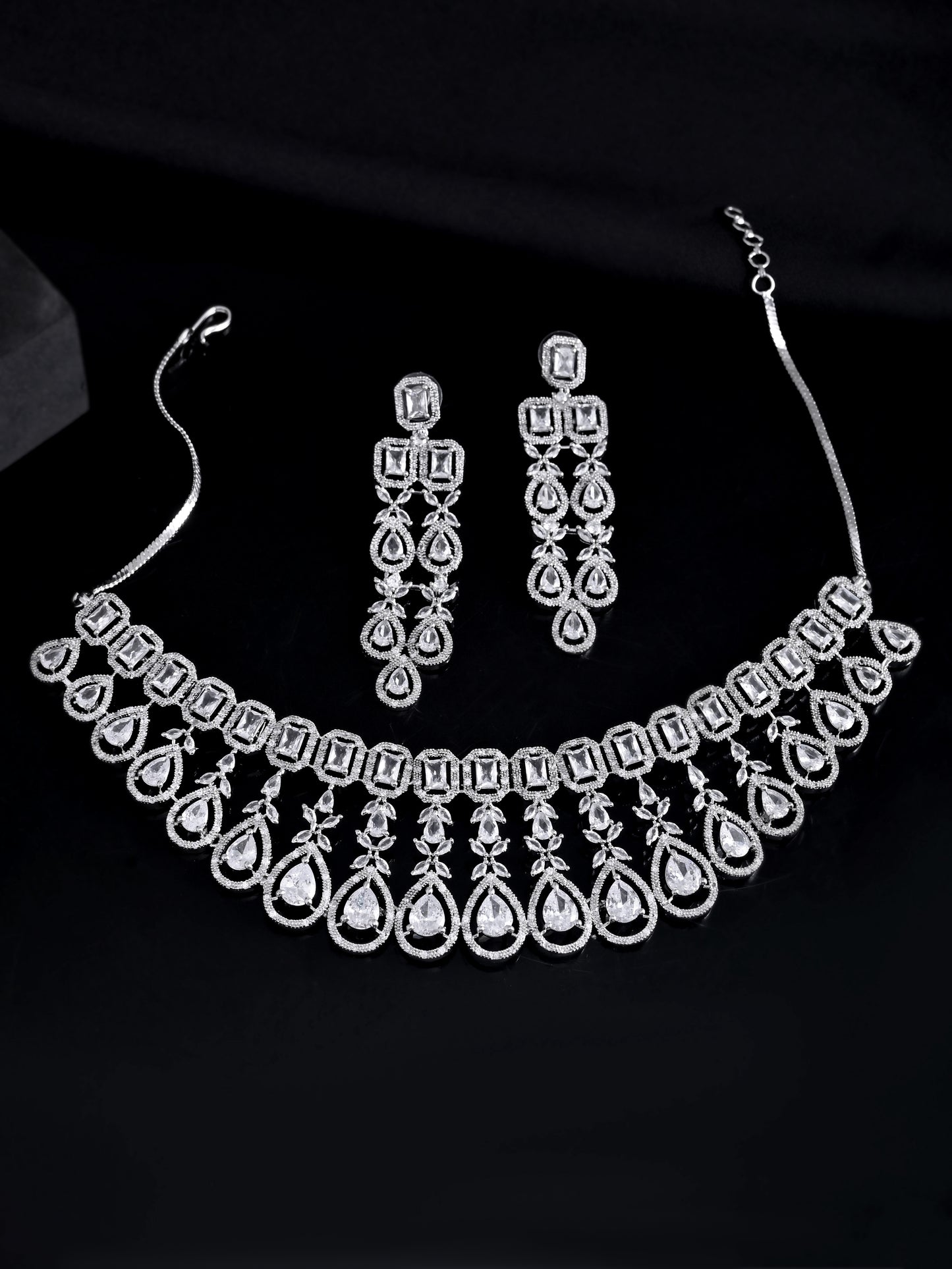 American Diamond Choker Necklace Set With Maang Tikka  | Wedding  Jewellery For Women