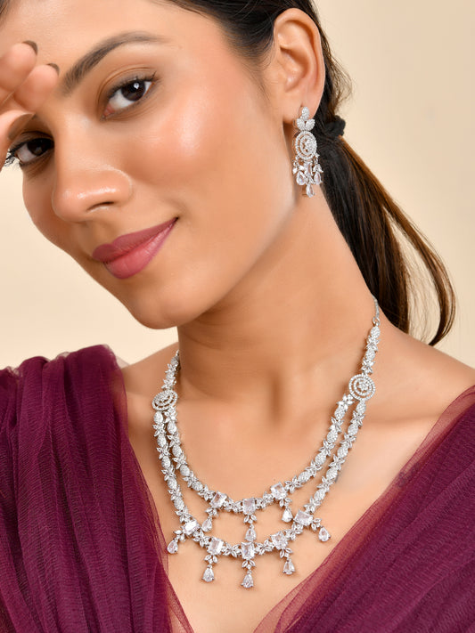 Silver AD  Jewellery Set  | Wedding  Jewellery For Women| Bridal CZ Necklace With Earrings