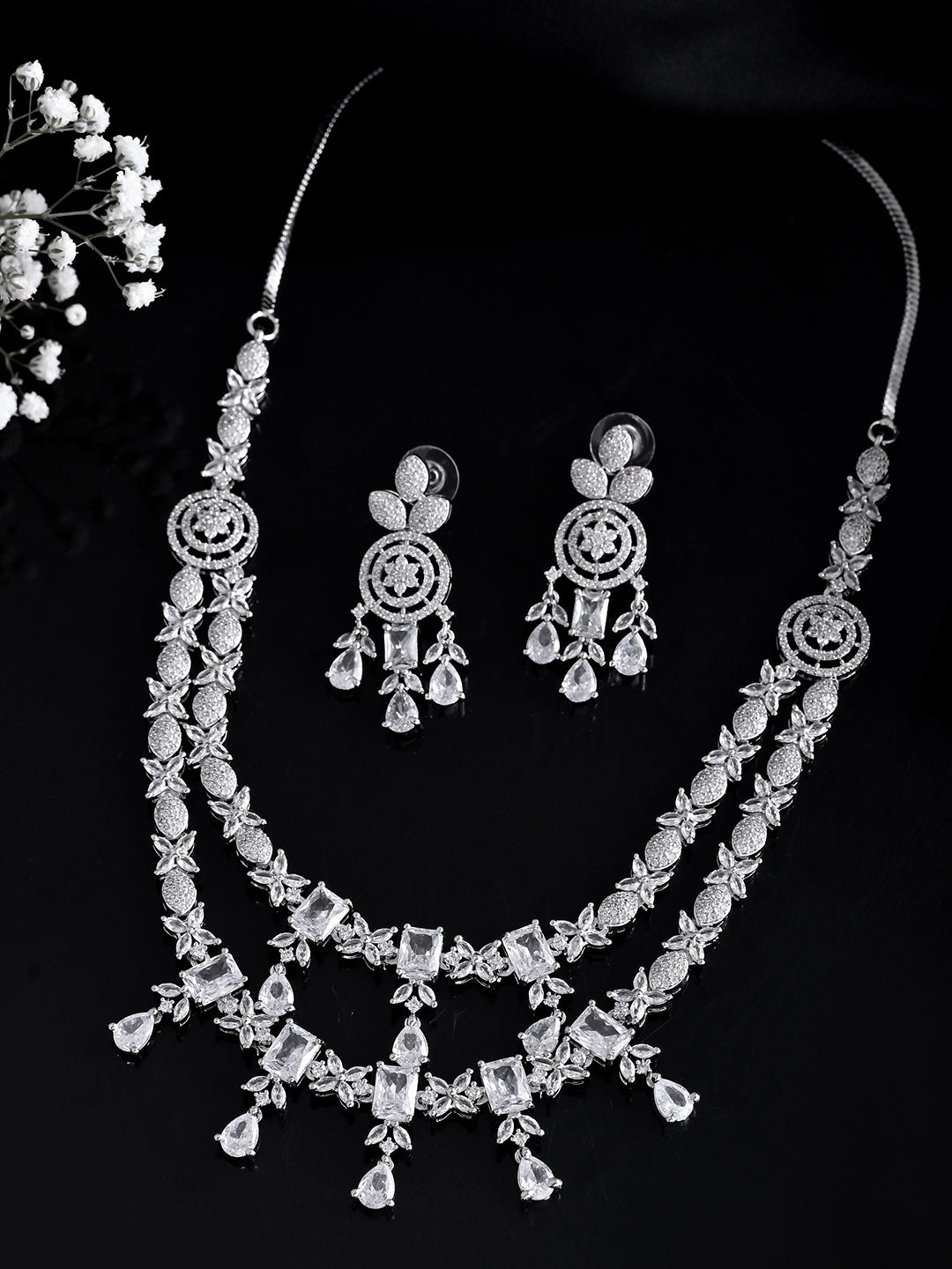 Silver AD  Jewellery Set  | Wedding  Jewellery For Women| Bridal CZ Necklace With Earrings
