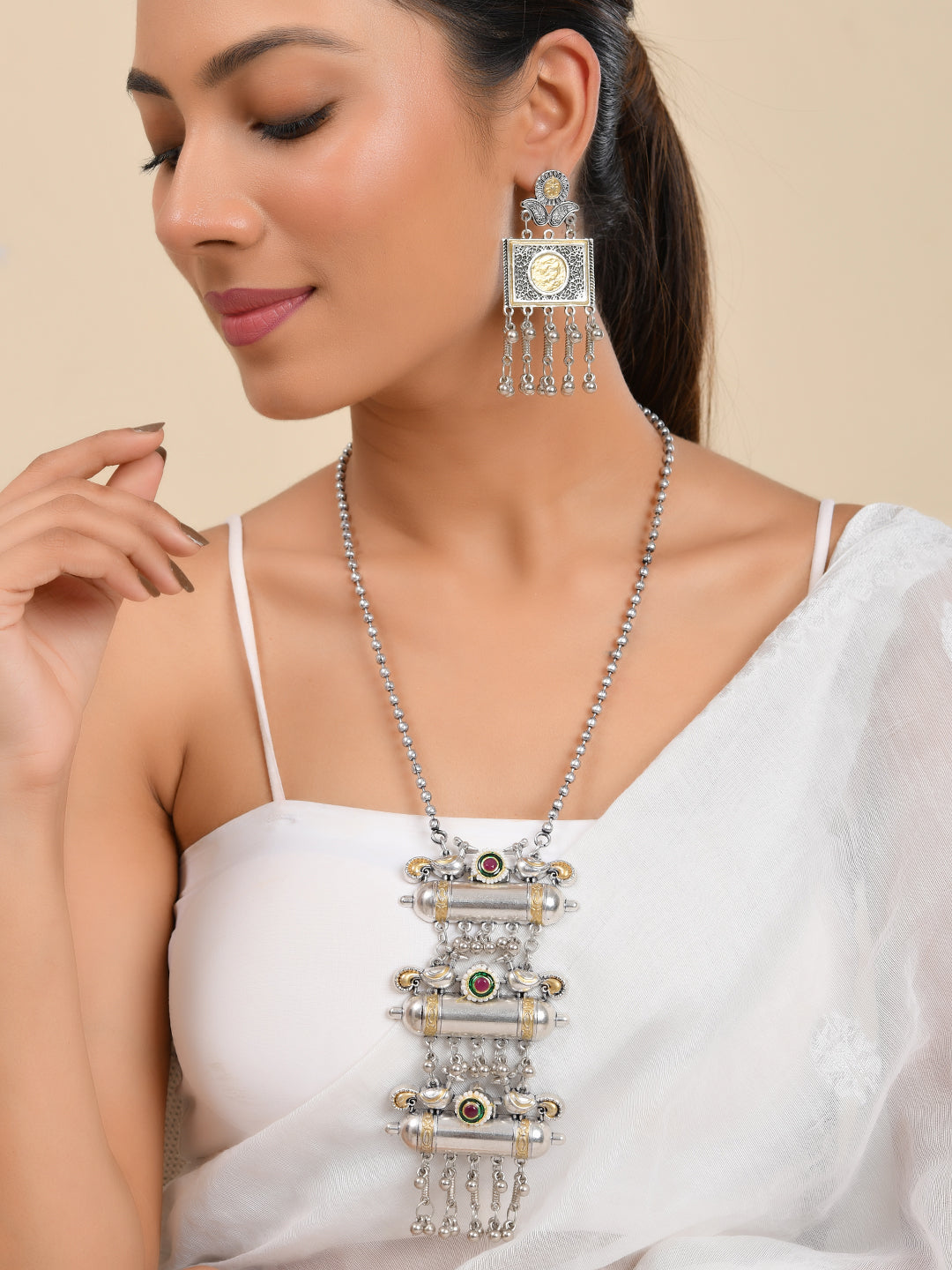 Ethnic & Casual Wear Silver Oxidised Tribal Necklace Set For Women | Boho Jewellery| Pendant Necklace With Earrings