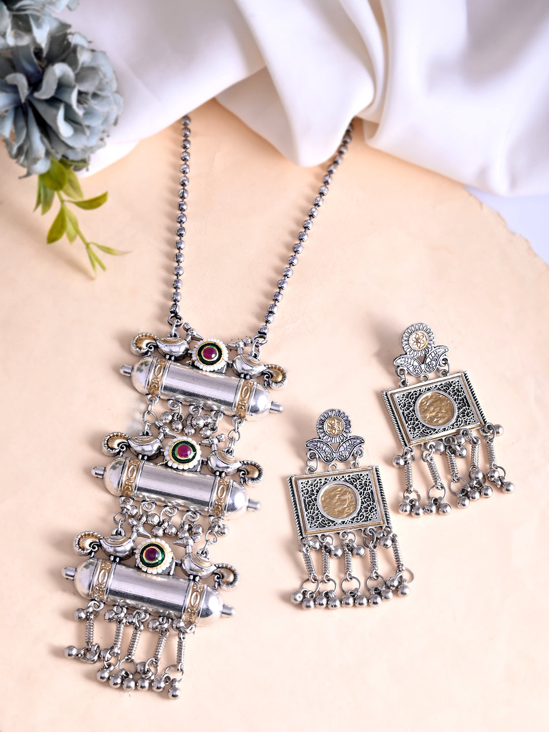 Ethnic & Casual Wear Silver Oxidised Tribal Necklace Set For Women | Boho Jewellery| Pendant Necklace With Earrings