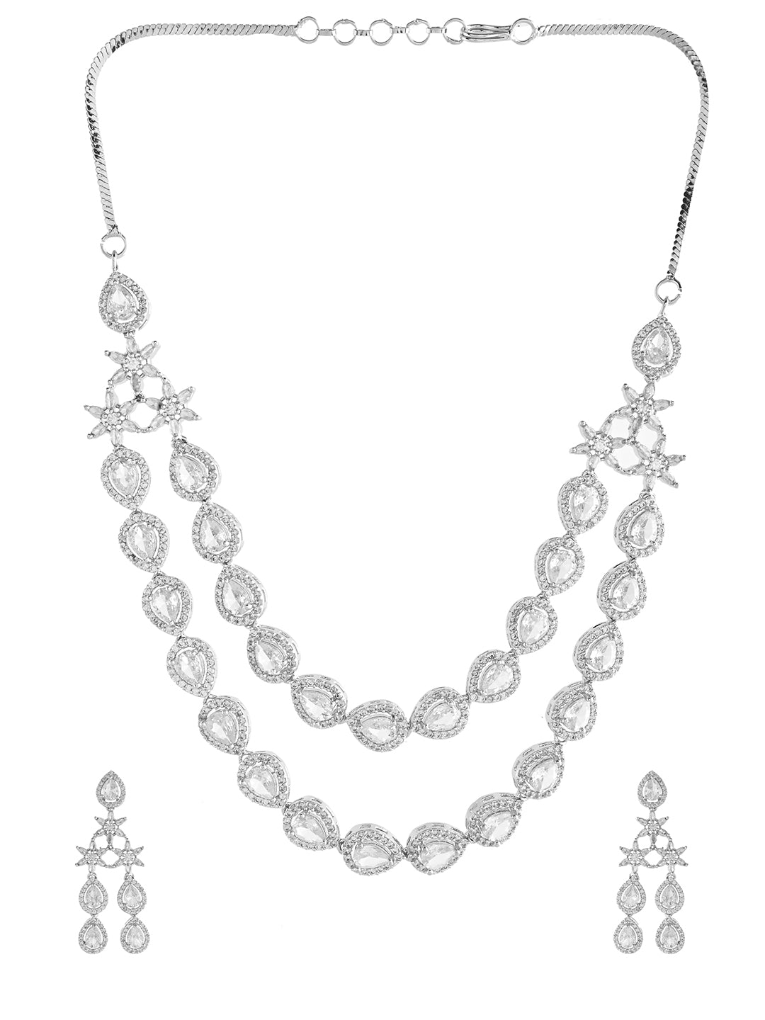 Ethnic Silver American Diamond Necklace Set  | Wedding  Jewellery For Women| Bridal CZ Necklace With Earrings