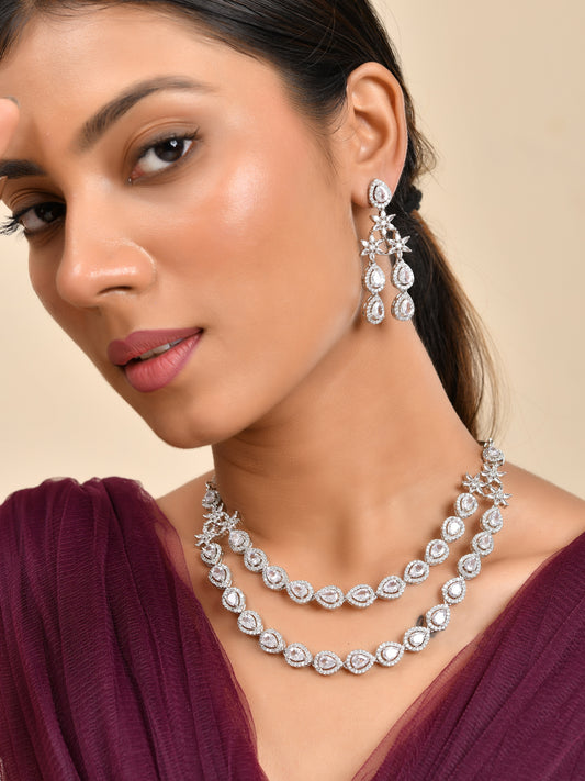 Ethnic Silver American Diamond Necklace Set  | Wedding  Jewellery For Women| Bridal CZ Necklace With Earrings