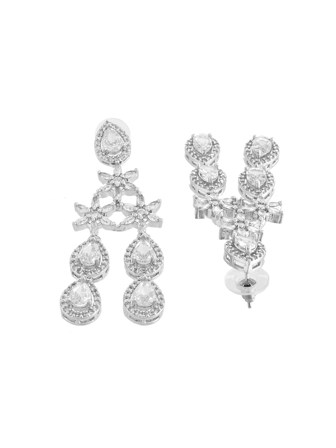 Ethnic Silver American Diamond Necklace Set  | Wedding  Jewellery For Women| Bridal CZ Necklace With Earrings