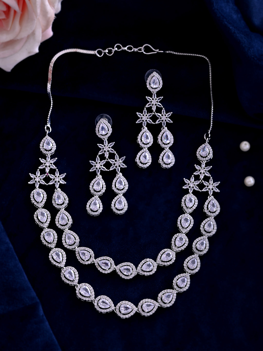 Ethnic Silver American Diamond Necklace Set  | Wedding  Jewellery For Women| Bridal CZ Necklace With Earrings