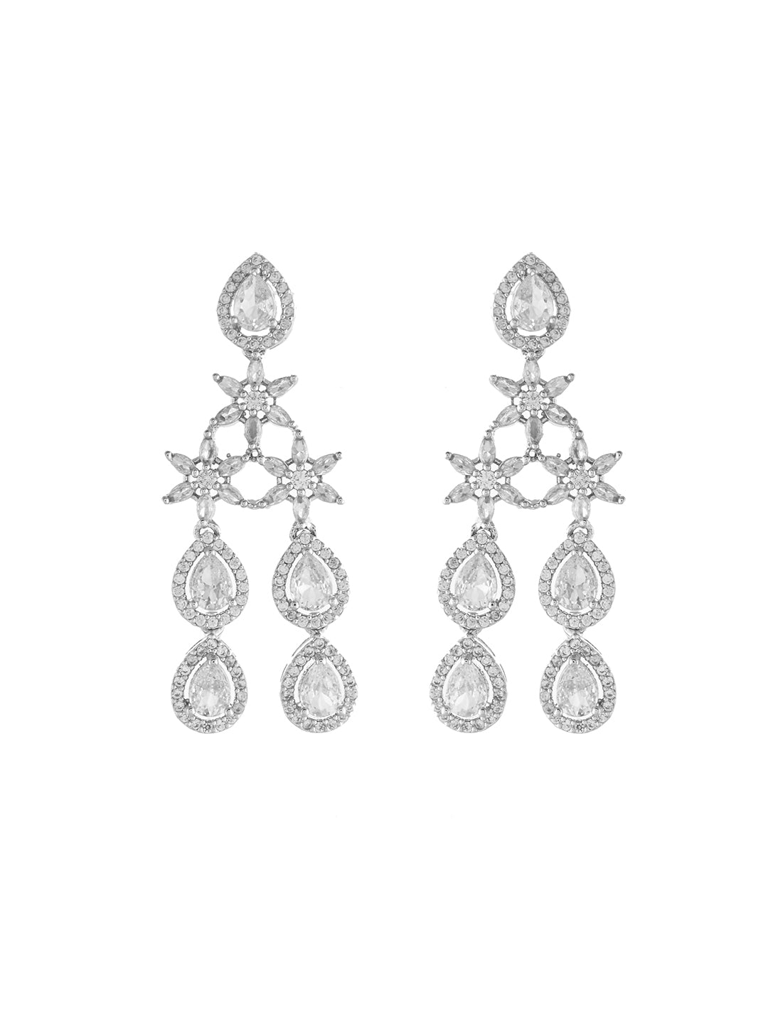 Ethnic Silver American Diamond Necklace Set  | Wedding  Jewellery For Women| Bridal CZ Necklace With Earrings