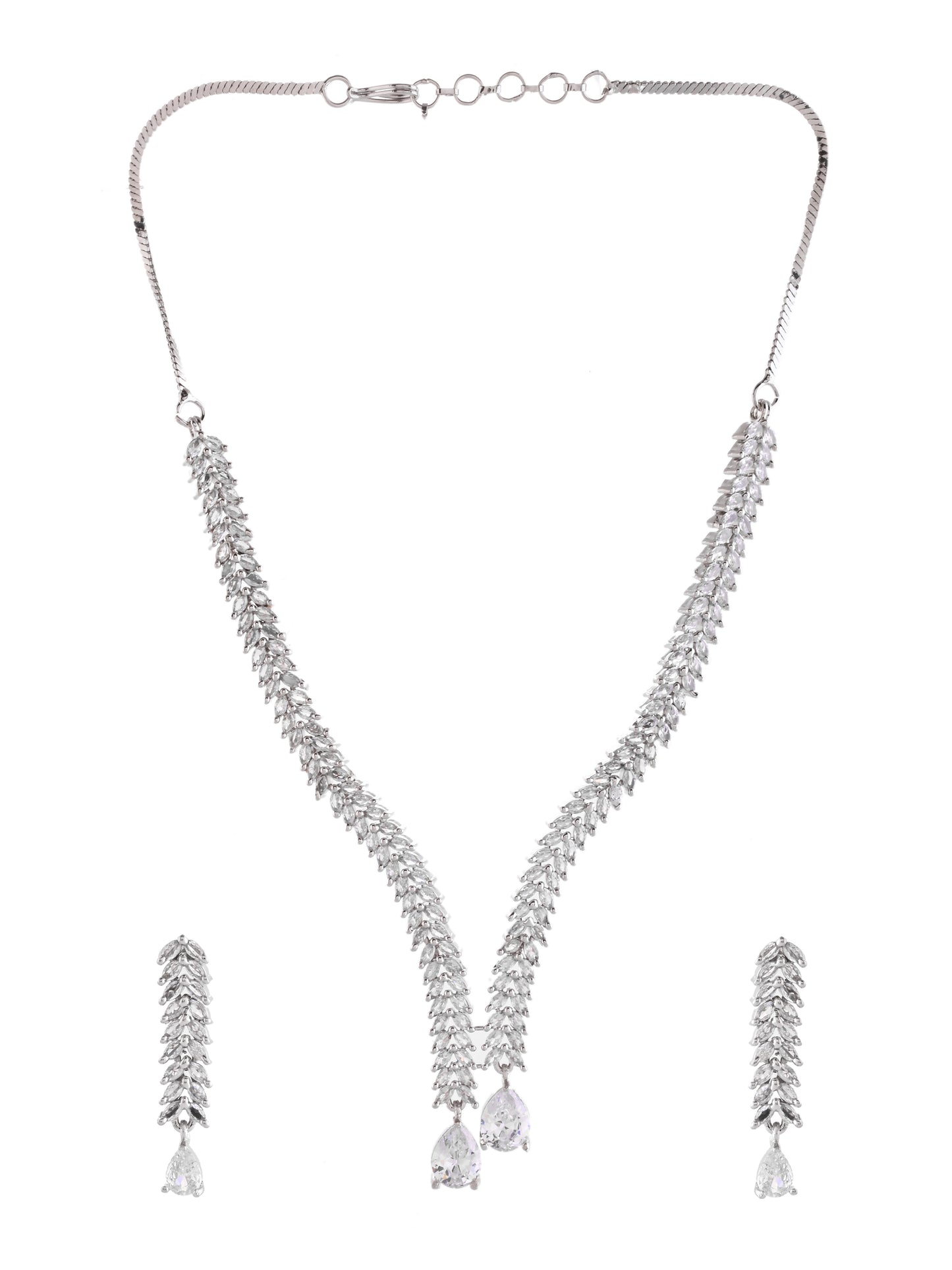Classic Silver American Diamond Necklace Set  | Wedding  Jewellery For Women| Bridal CZ Necklace With Earrings