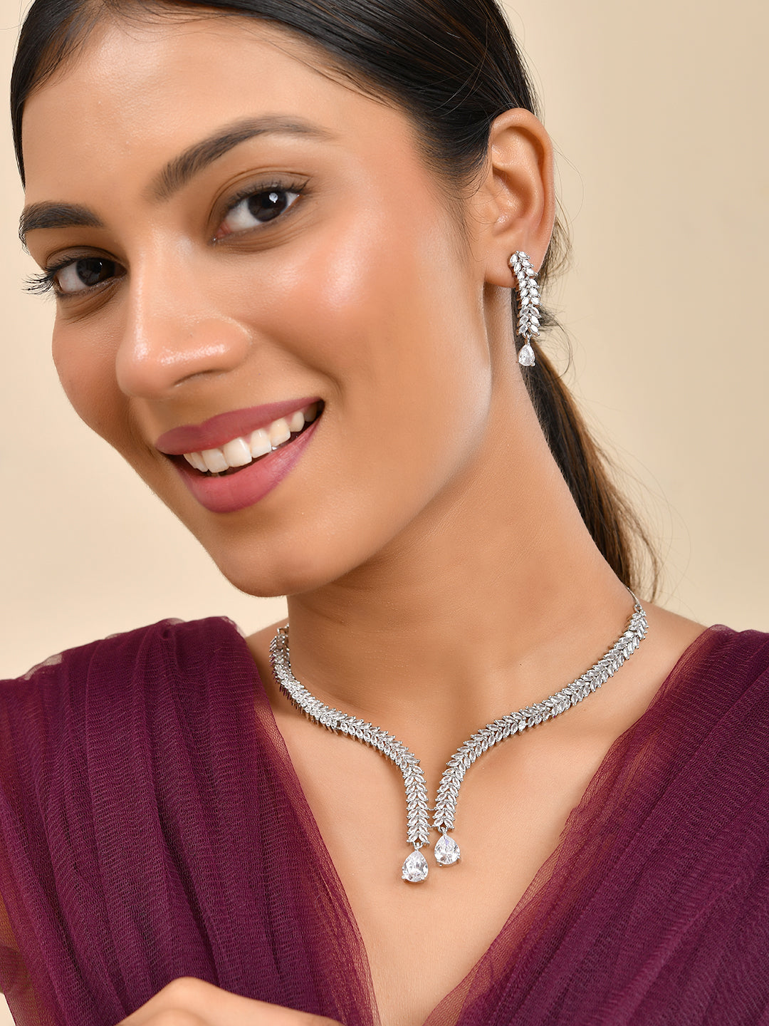 Classic Silver American Diamond Necklace Set  | Wedding  Jewellery For Women| Bridal CZ Necklace With Earrings
