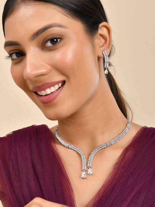 Classic Silver American Diamond Necklace Set  | Wedding  Jewellery For Women| Bridal CZ Necklace With Earrings