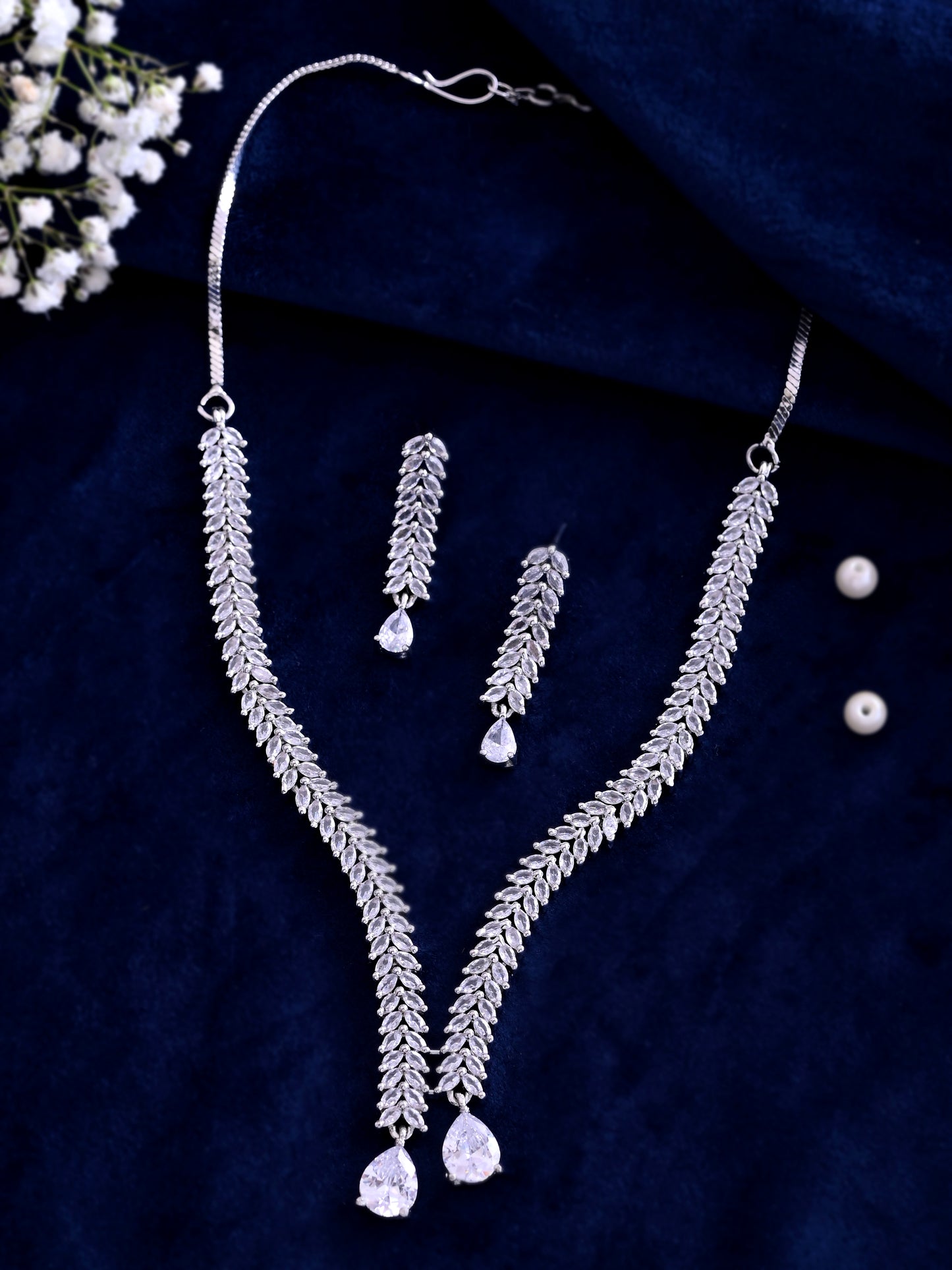 Classic Silver American Diamond Necklace Set  | Wedding  Jewellery For Women| Bridal CZ Necklace With Earrings