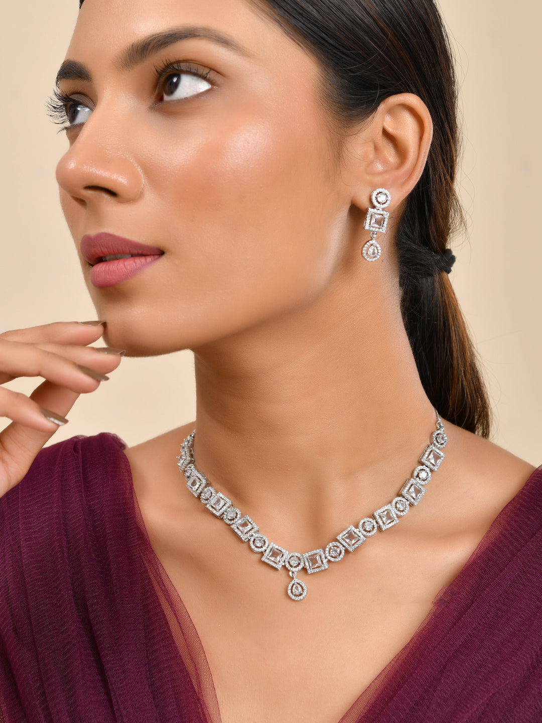 American Diamond Necklace Set  | Wedding  Jewellery For Women| Bridal CZ Necklace With Earrings