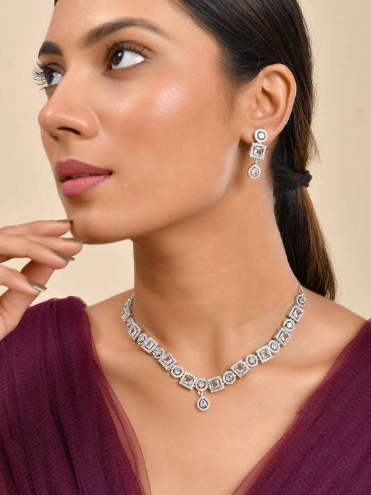 American Diamond Necklace Set  | Wedding  Jewellery For Women| Bridal CZ Necklace With Earrings