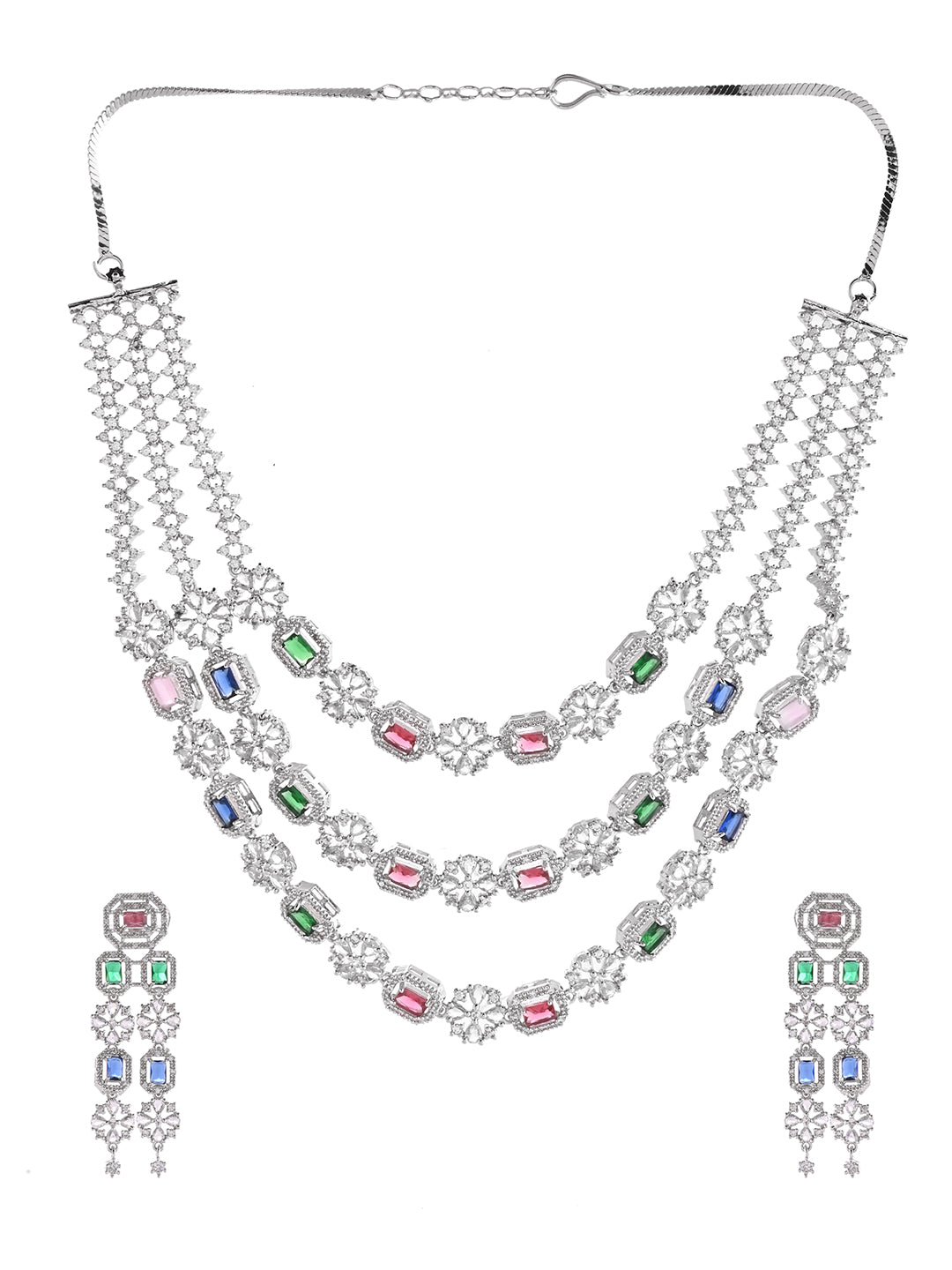 Multi Triple Layer Silver American Diamond Necklace Set  | Wedding  Jewellery For Women| Bridal CZ Necklace With Earrings