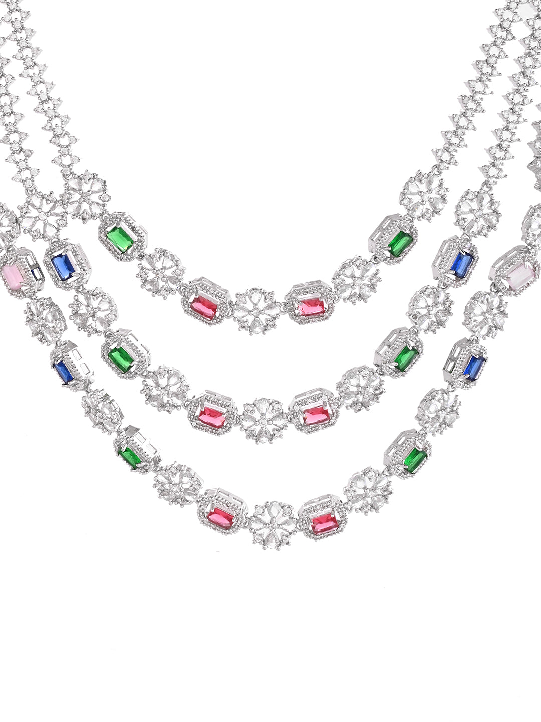 Multi Triple Layer Silver American Diamond Necklace Set  | Wedding  Jewellery For Women| Bridal CZ Necklace With Earrings