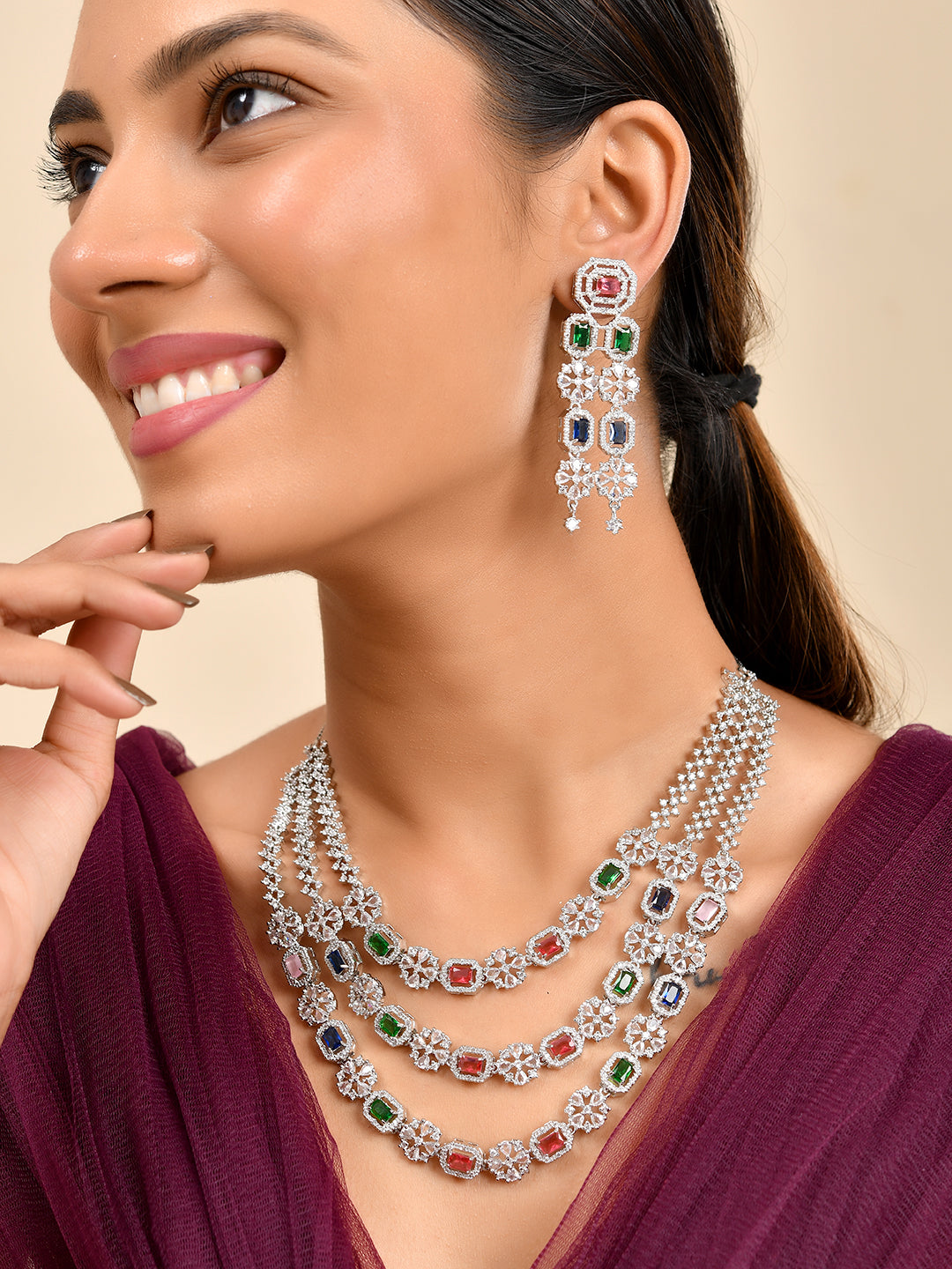 Multi Triple Layer Silver American Diamond Necklace Set  | Wedding  Jewellery For Women| Bridal CZ Necklace With Earrings