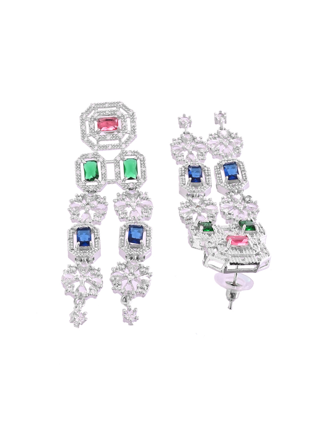 Multi Triple Layer Silver American Diamond Necklace Set  | Wedding  Jewellery For Women| Bridal CZ Necklace With Earrings