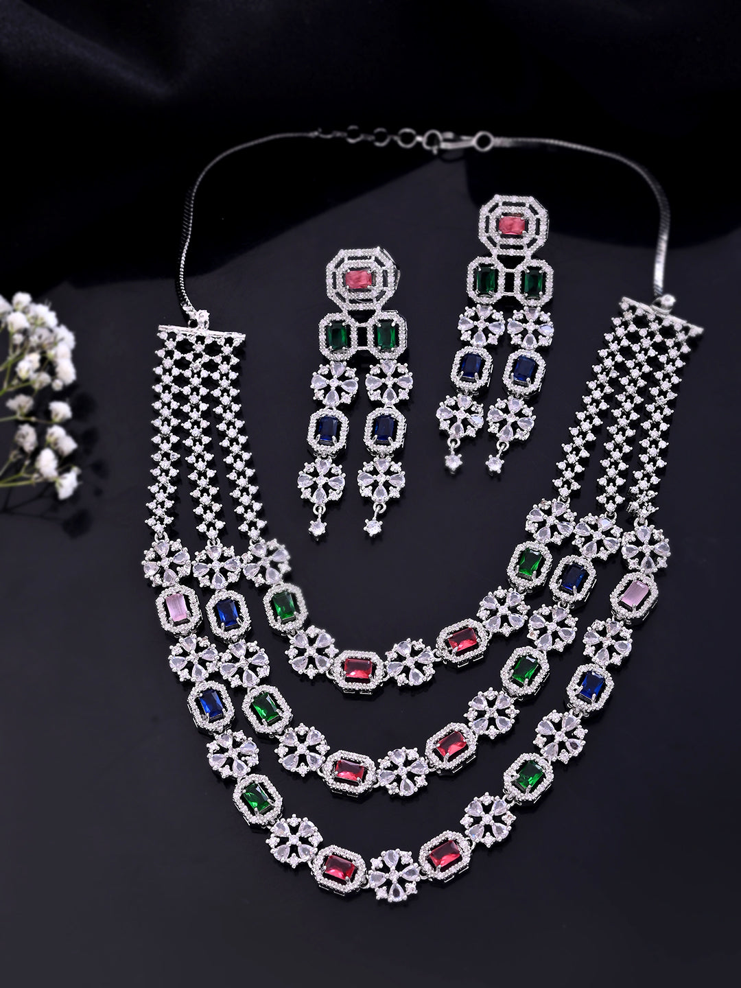 Multi Triple Layer Silver American Diamond Necklace Set  | Wedding  Jewellery For Women| Bridal CZ Necklace With Earrings