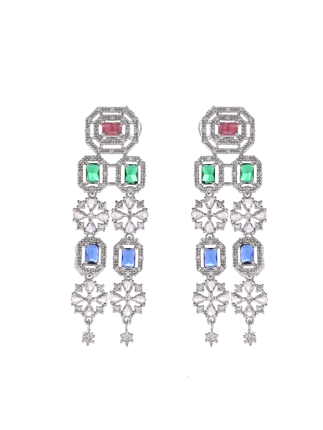 Multi Triple Layer Silver American Diamond Necklace Set  | Wedding  Jewellery For Women| Bridal CZ Necklace With Earrings