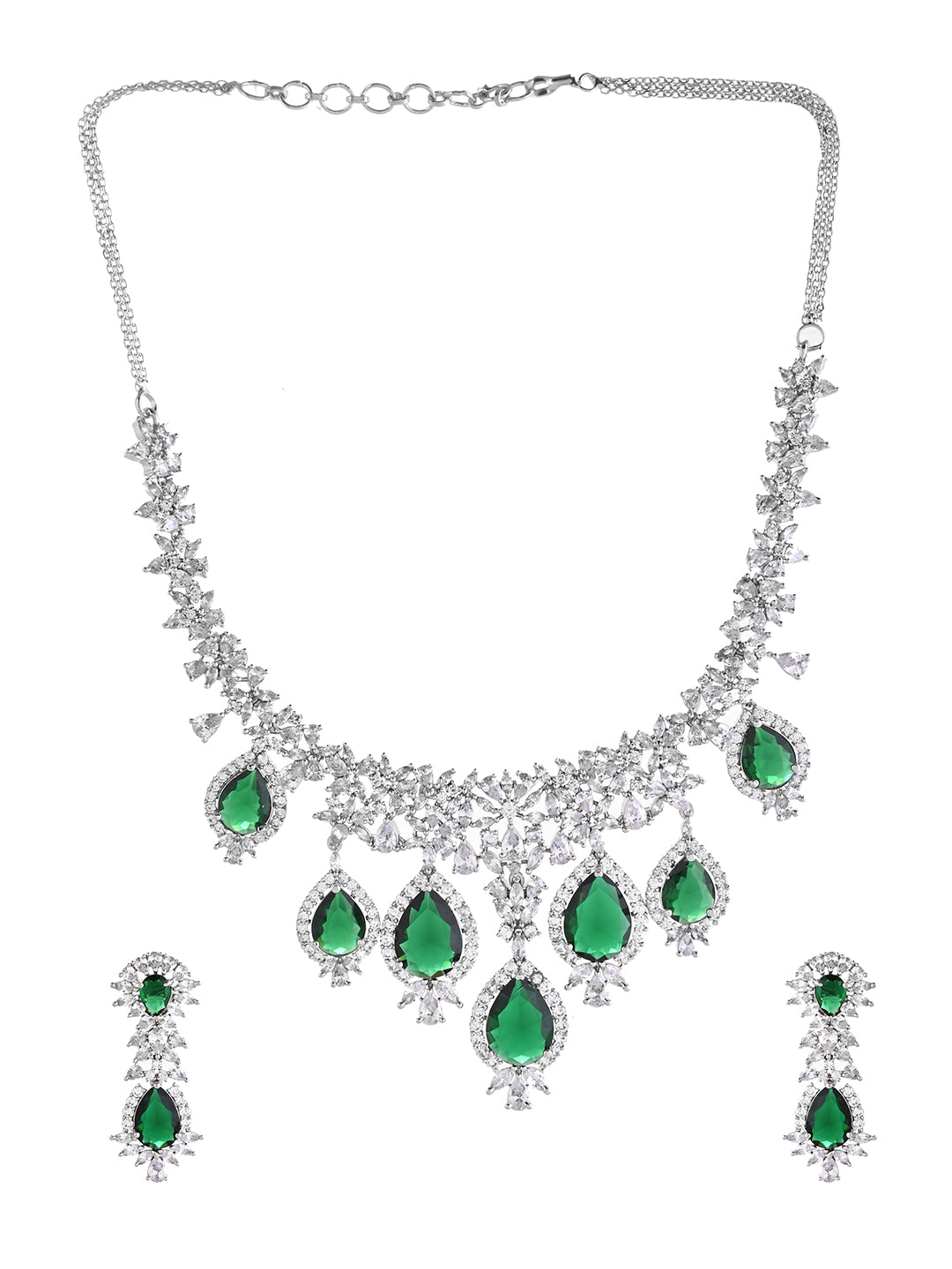 Green American Diamond Necklace Set  | Wedding  Jewellery For Women| Bridal CZ Necklace With Earrings