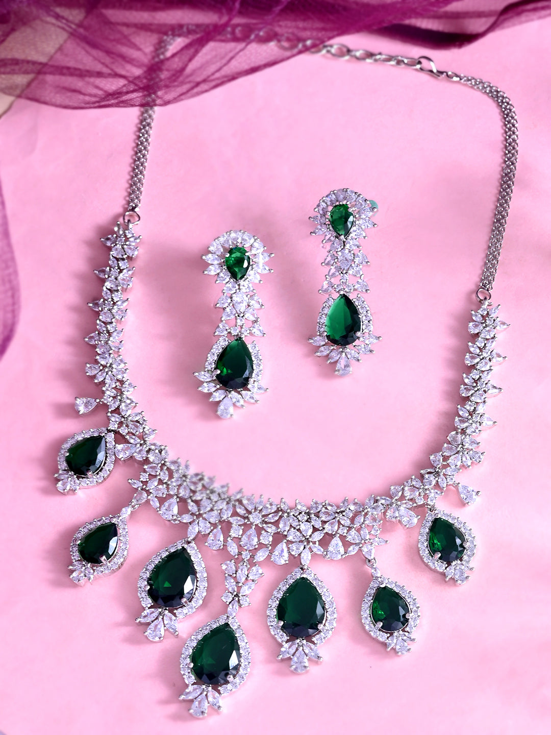 Green American Diamond Necklace Set  | Wedding  Jewellery For Women| Bridal CZ Necklace With Earrings