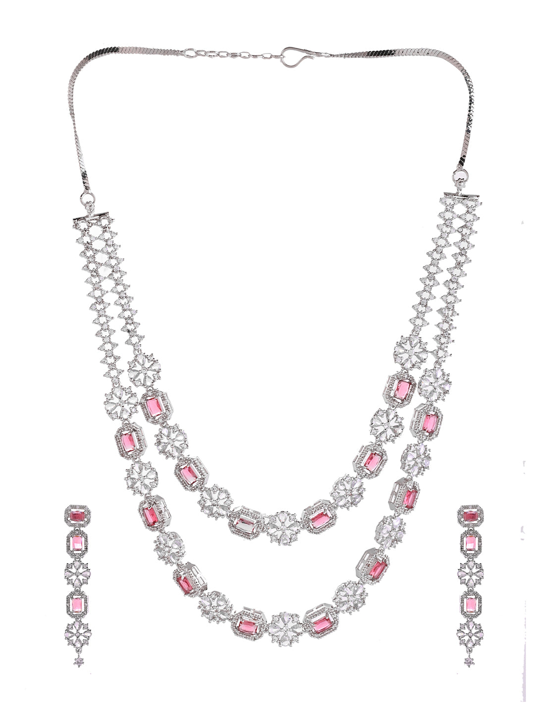Silver Double Layer Pink American Diamond Set  | Wedding  Jewellery For Women| Bridal CZ Necklace With Earrings