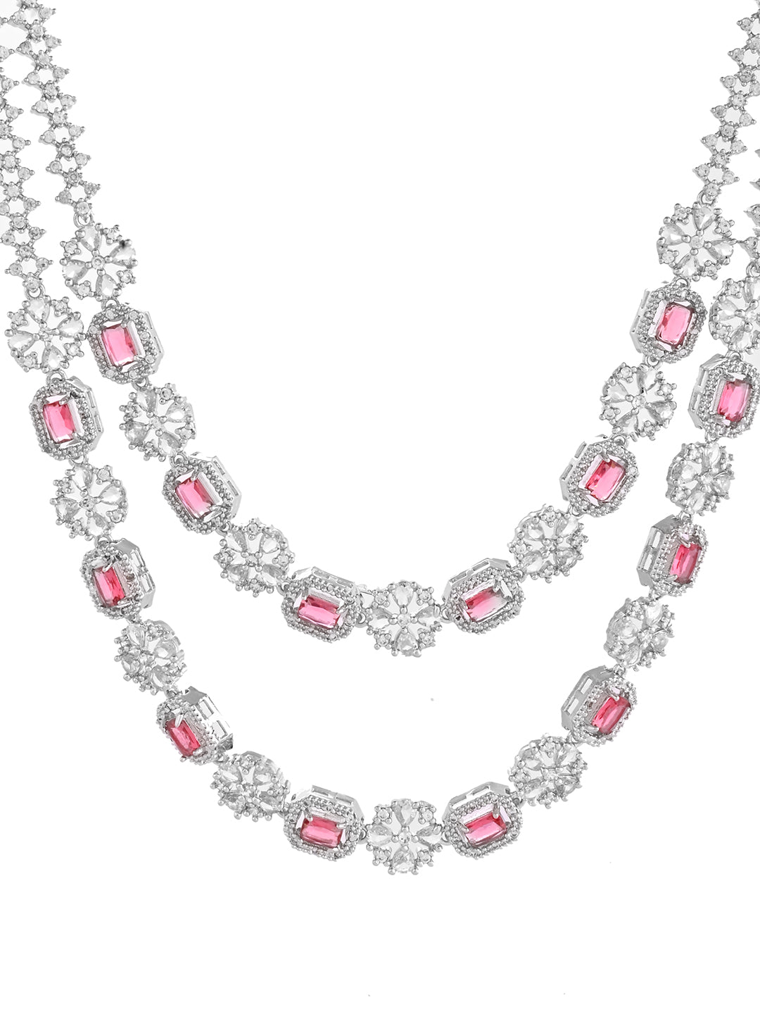 Silver Double Layer Pink American Diamond Set  | Wedding  Jewellery For Women| Bridal CZ Necklace With Earrings