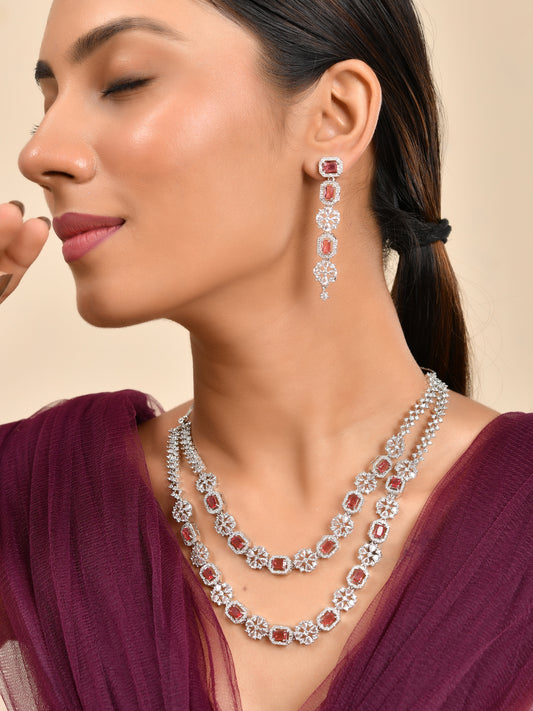 Silver Double Layer Pink American Diamond Set  | Wedding  Jewellery For Women| Bridal CZ Necklace With Earrings