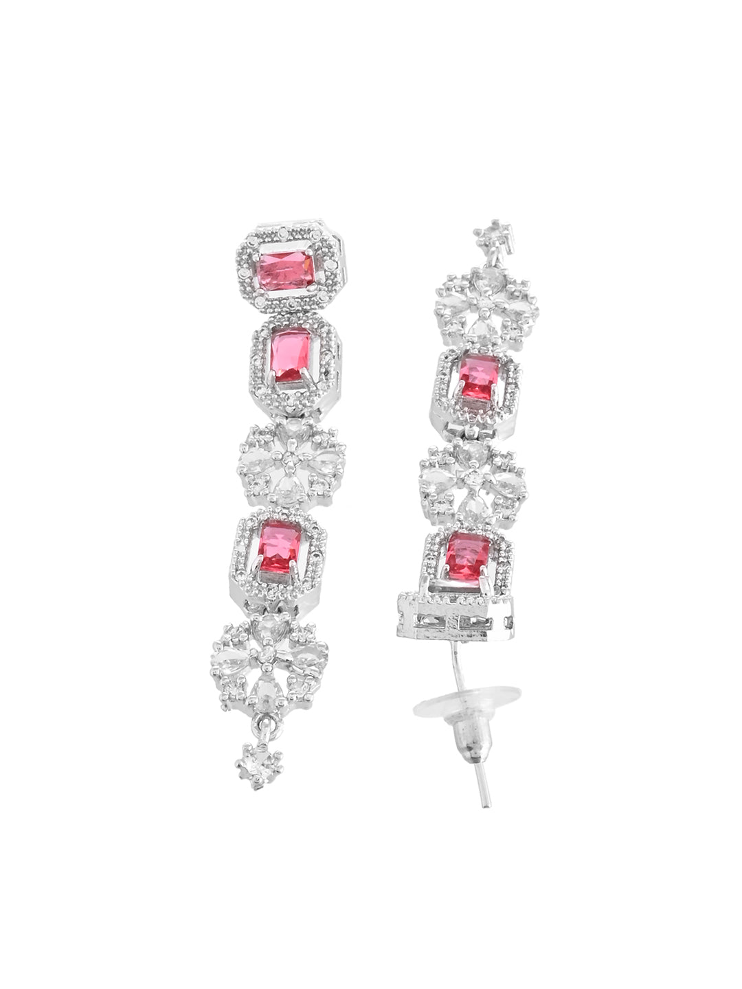 Silver Double Layer Pink American Diamond Set  | Wedding  Jewellery For Women| Bridal CZ Necklace With Earrings