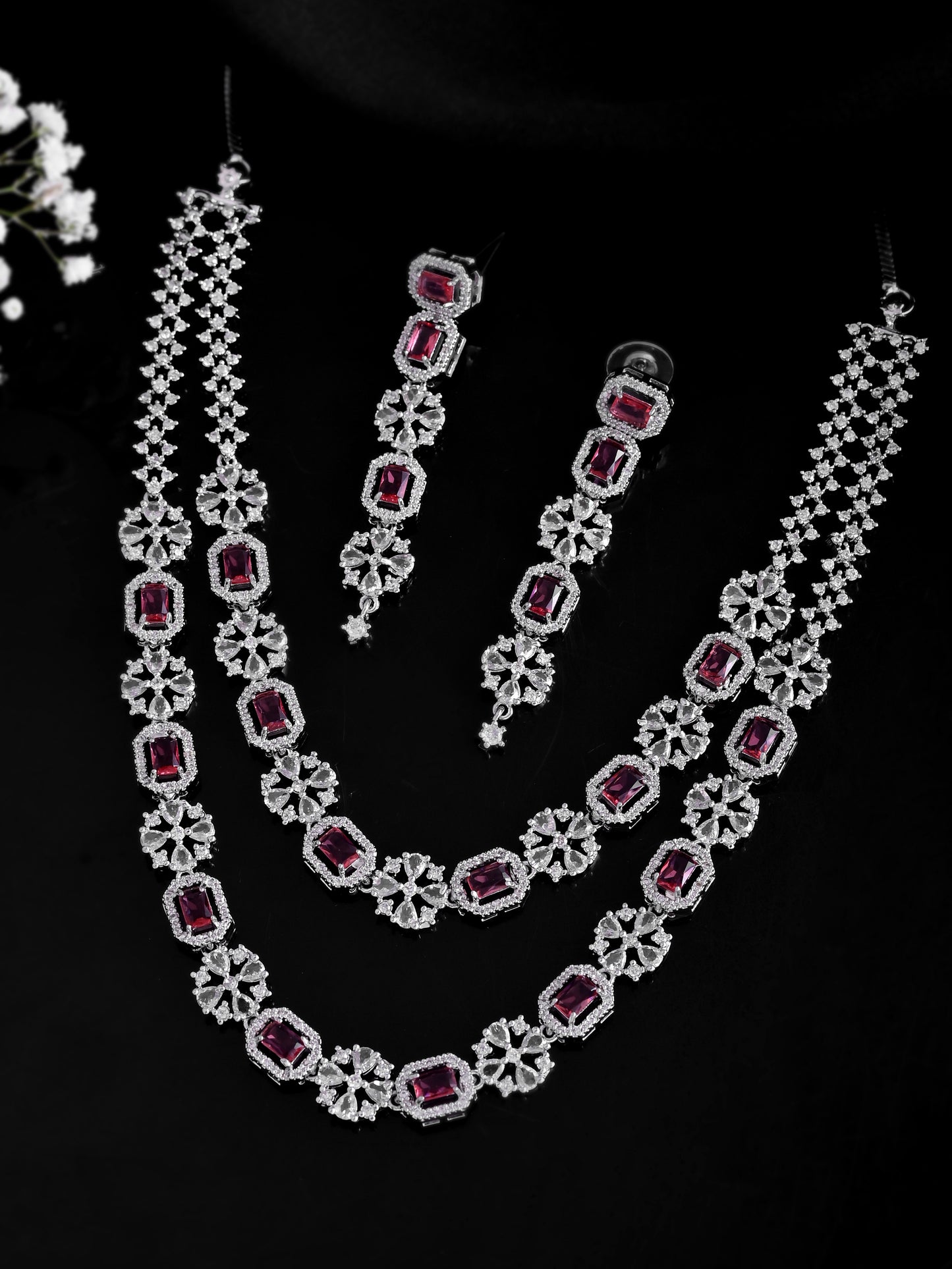 Silver Double Layer Pink American Diamond Set  | Wedding  Jewellery For Women| Bridal CZ Necklace With Earrings