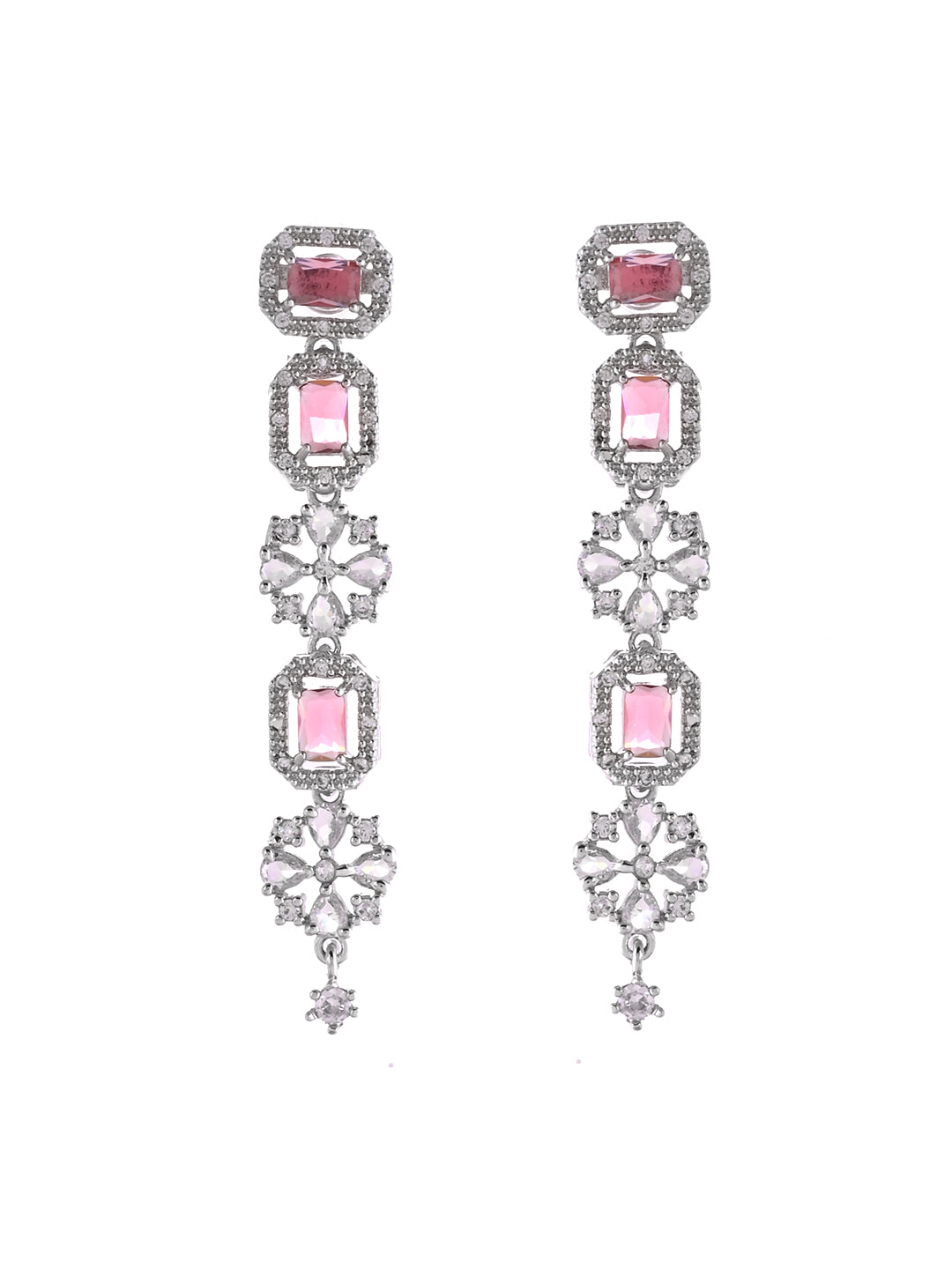 Silver Double Layer Pink American Diamond Set  | Wedding  Jewellery For Women| Bridal CZ Necklace With Earrings