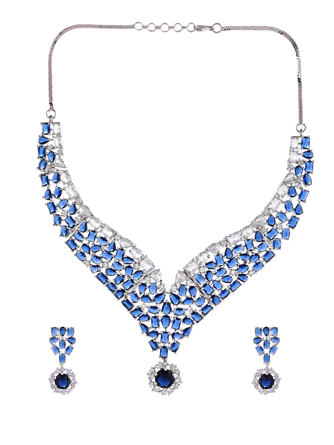 Blue American Diamond Necklace Set  | Wedding  Jewellery For Women| Bridal CZ Necklace With Earrings