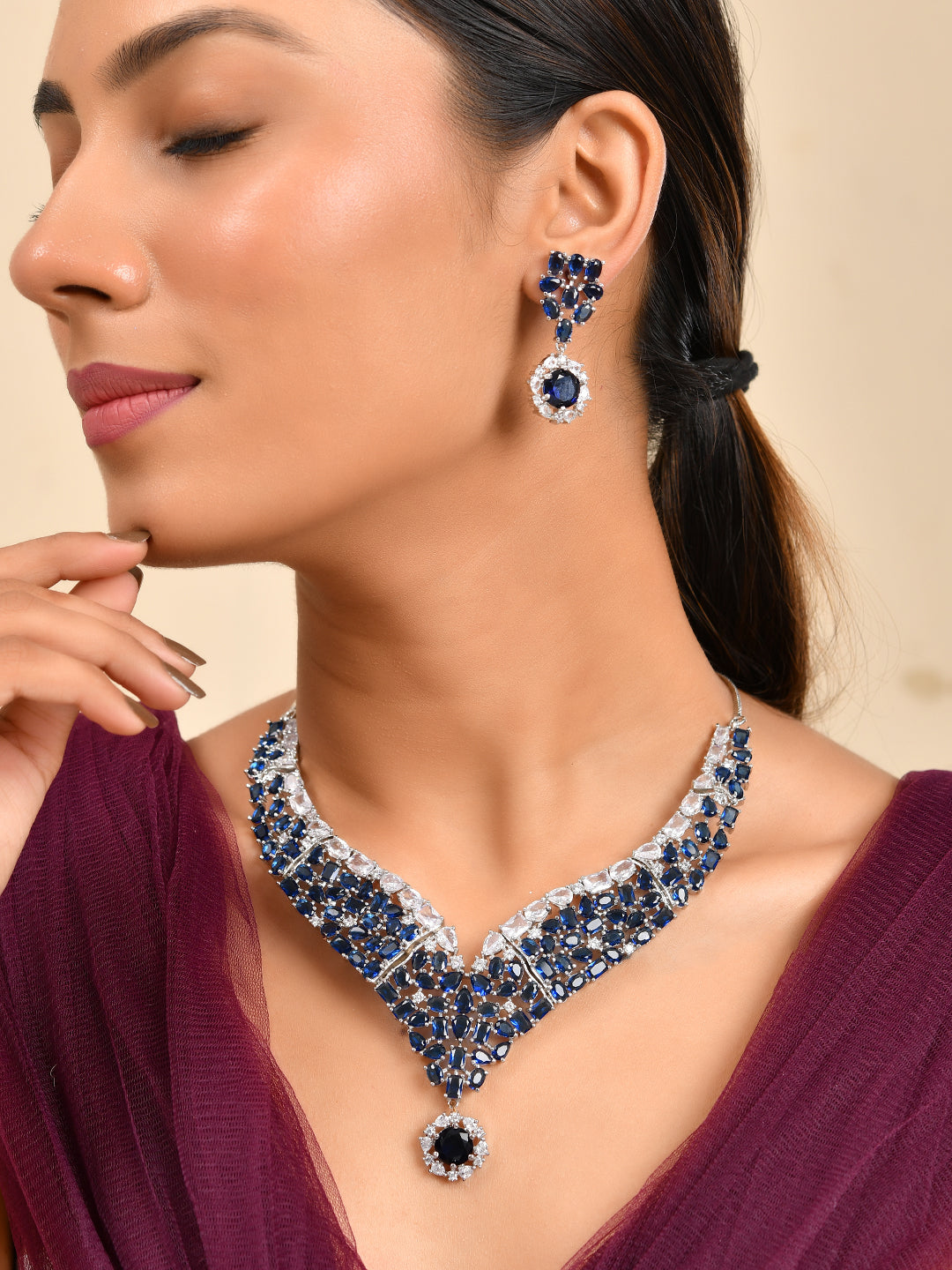 Blue American Diamond Necklace Set  | Wedding  Jewellery For Women| Bridal CZ Necklace With Earrings