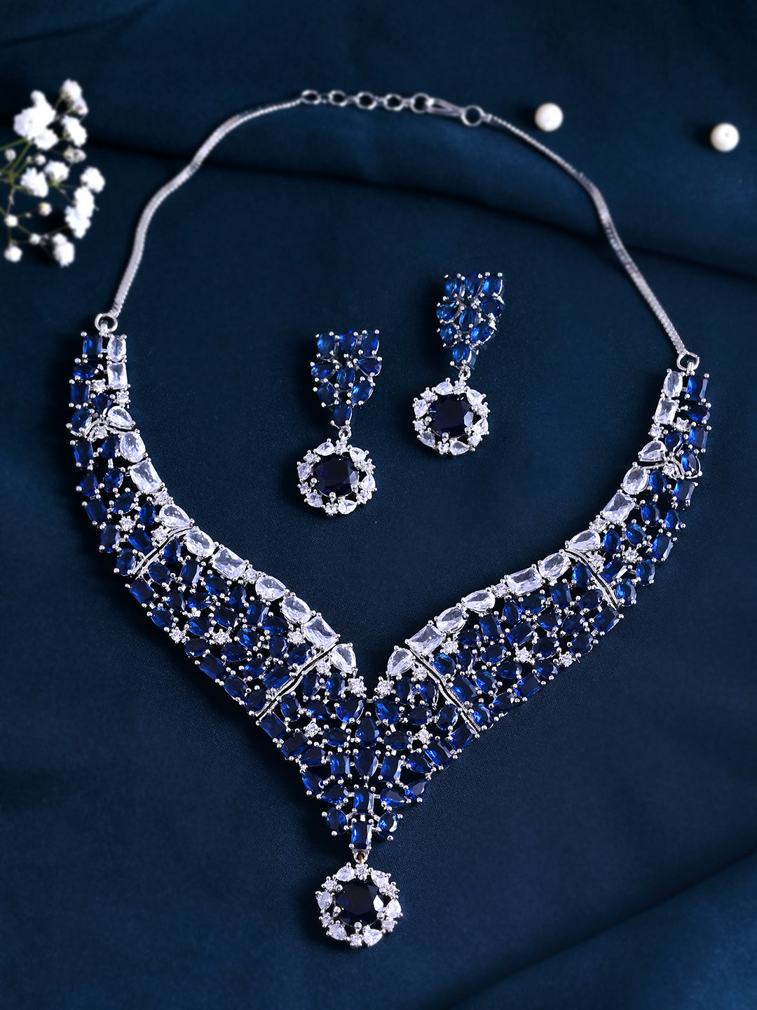 Blue American Diamond Necklace Set  | Wedding  Jewellery For Women| Bridal CZ Necklace With Earrings