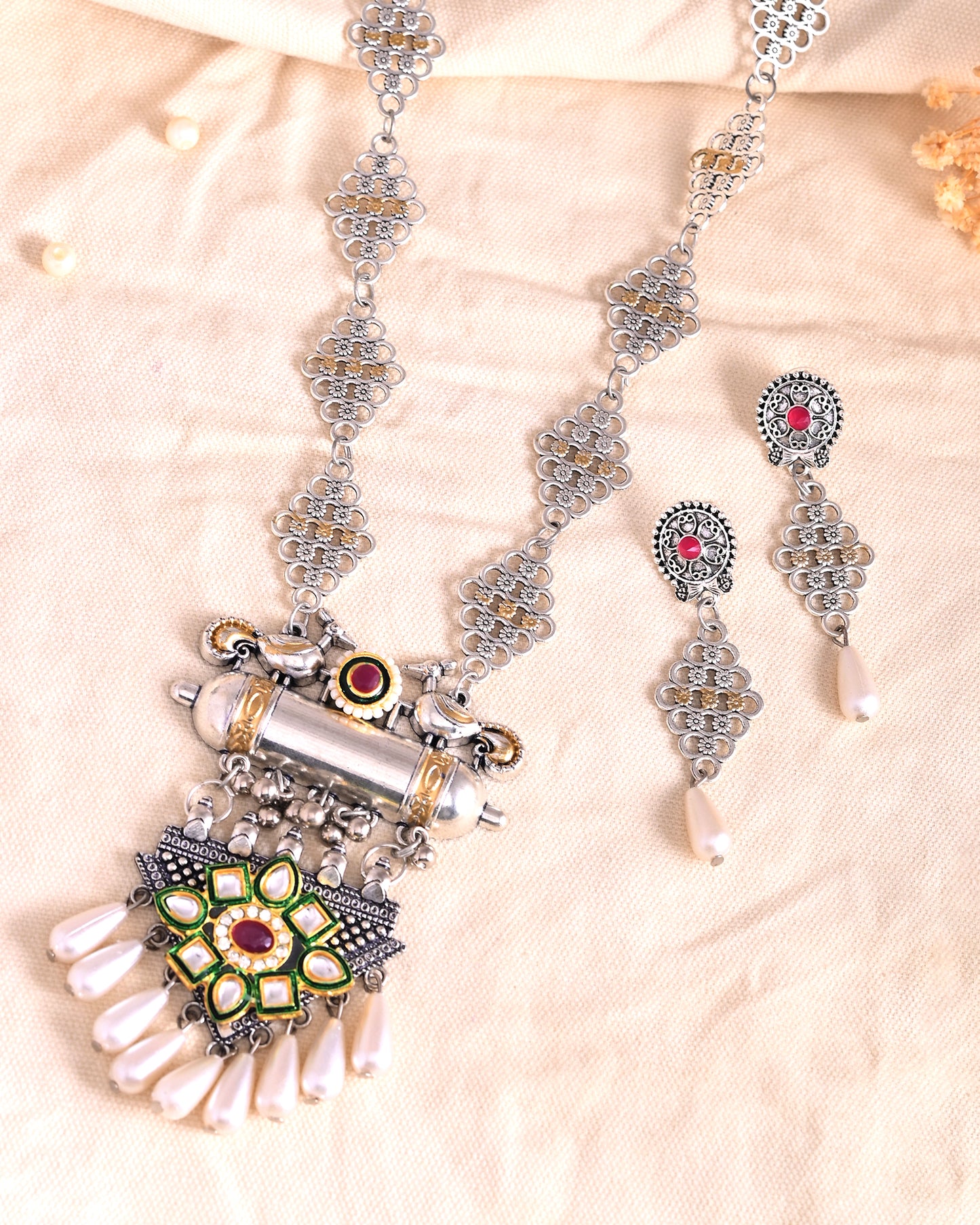 Traditional Oxidised Tribal Necklace Set For Women |  Ethnic Pendant Necklace With Earrings