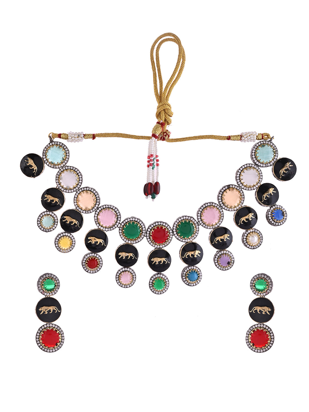 Multicolor Enamel Necklace Set For Women | Tiger Motif Jewellery With CZ Stones | Festive & Ethnic Necklace With Earrings