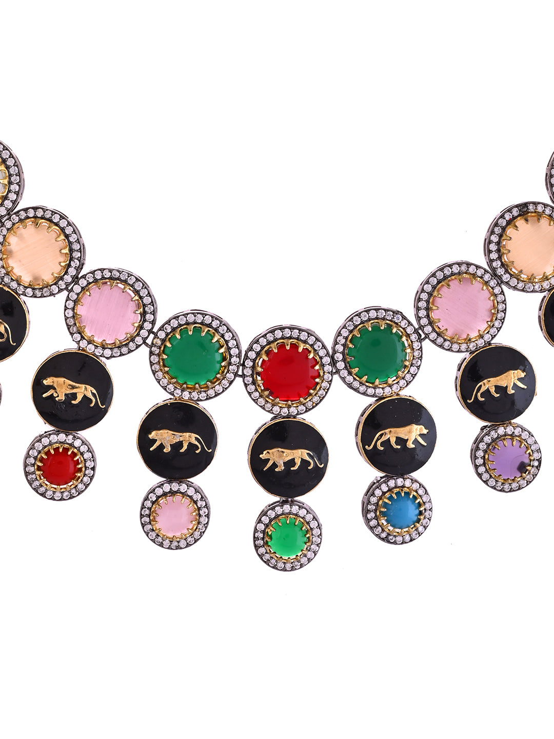 Multicolor Enamel Necklace Set For Women | Tiger Motif Jewellery With CZ Stones | Festive & Ethnic Necklace With Earrings