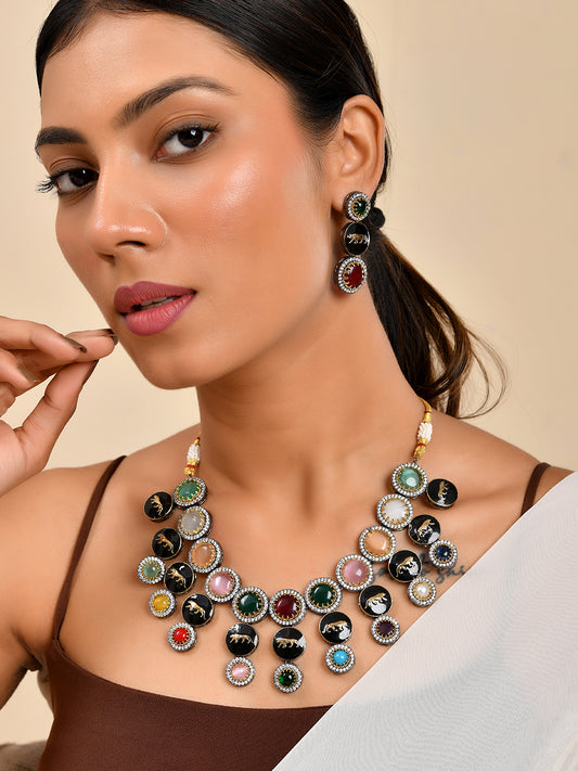 Multicolor Enamel Necklace Set For Women | Tiger Motif Jewellery With CZ Stones | Festive & Ethnic Necklace With Earrings