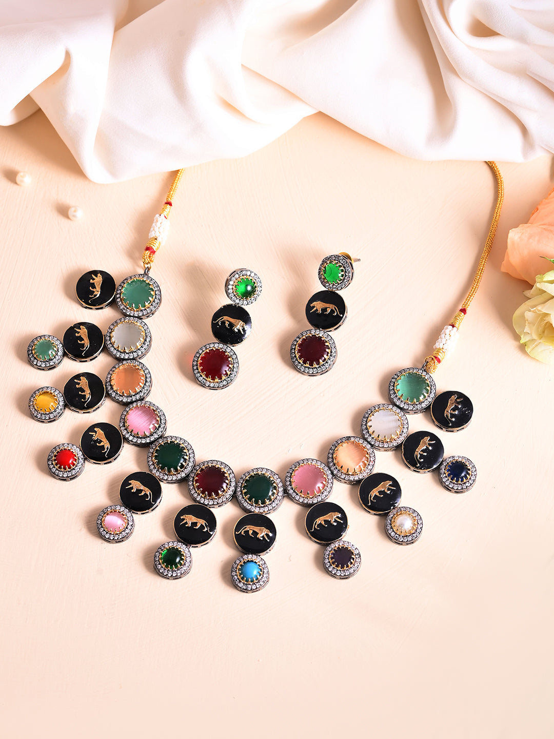Multicolor Enamel Necklace Set For Women | Tiger Motif Jewellery With CZ Stones | Festive & Ethnic Necklace With Earrings