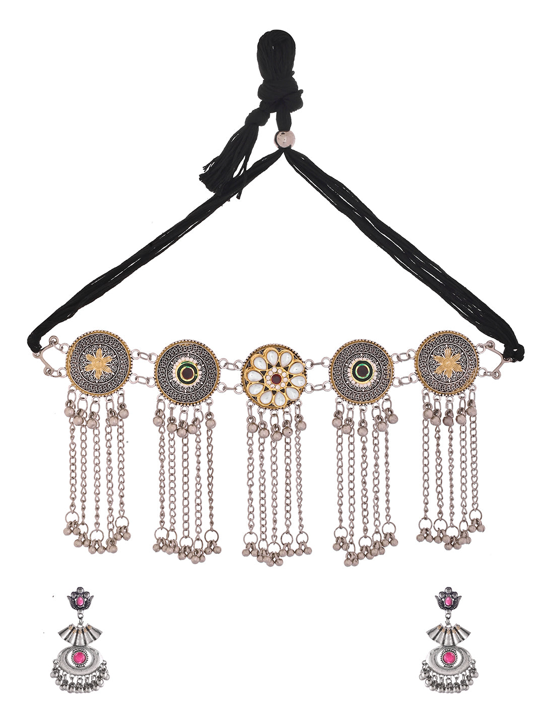 Boho Jewellery For Ethnic & Casual Wear | Silver Oxidised Necklace Set For Women | Choker With Earrings