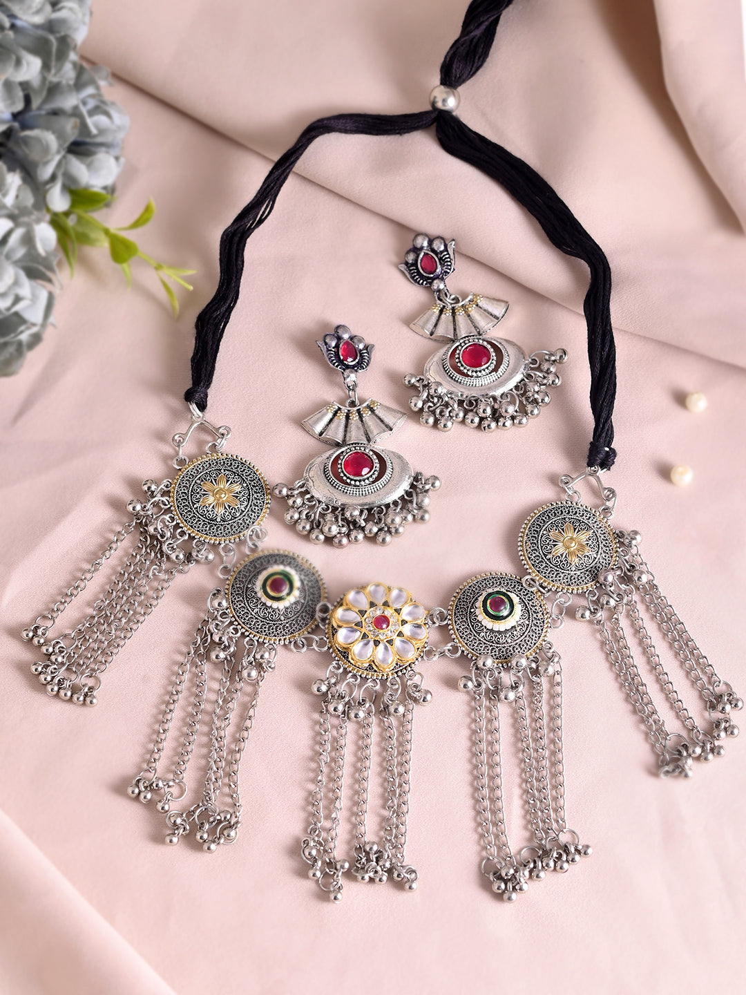 Boho Jewellery For Ethnic & Casual Wear | Silver Oxidised Necklace Set For Women | Choker With Earrings